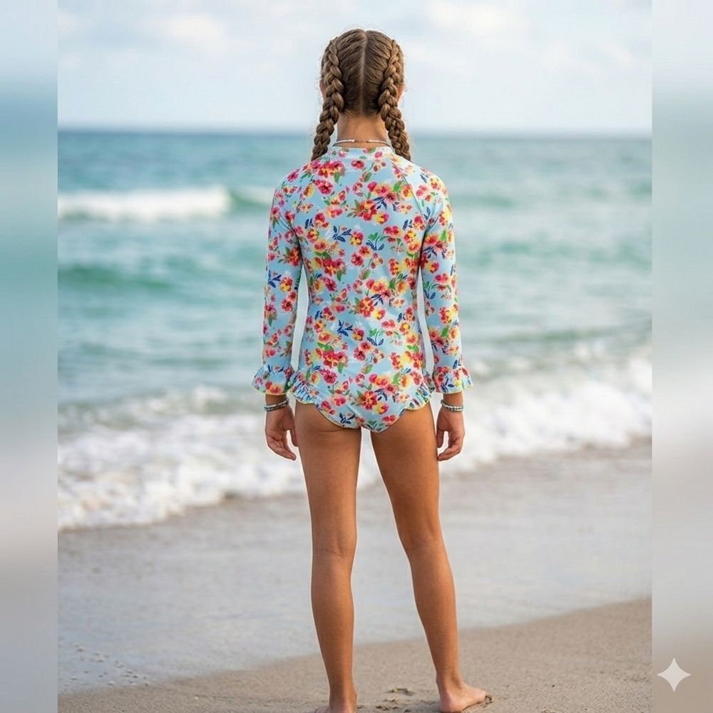 Girls Blue Floral One Piece Long Sleeve Ruffle Swimsuit Size 3XL - Picture 5 of 7